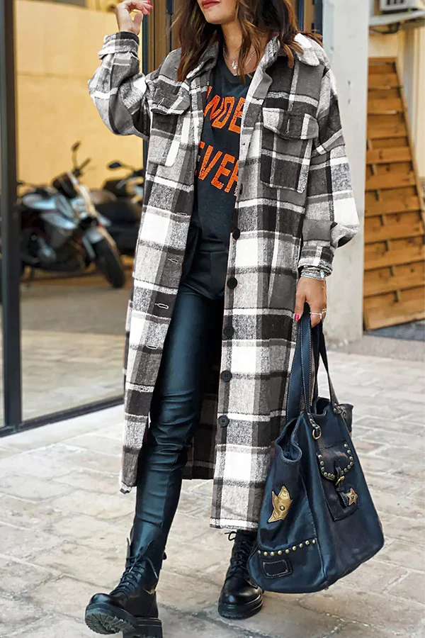 WOLF Mode Lässige karierte Tasche Knöpfe Hemdkragen Oberbekleidung