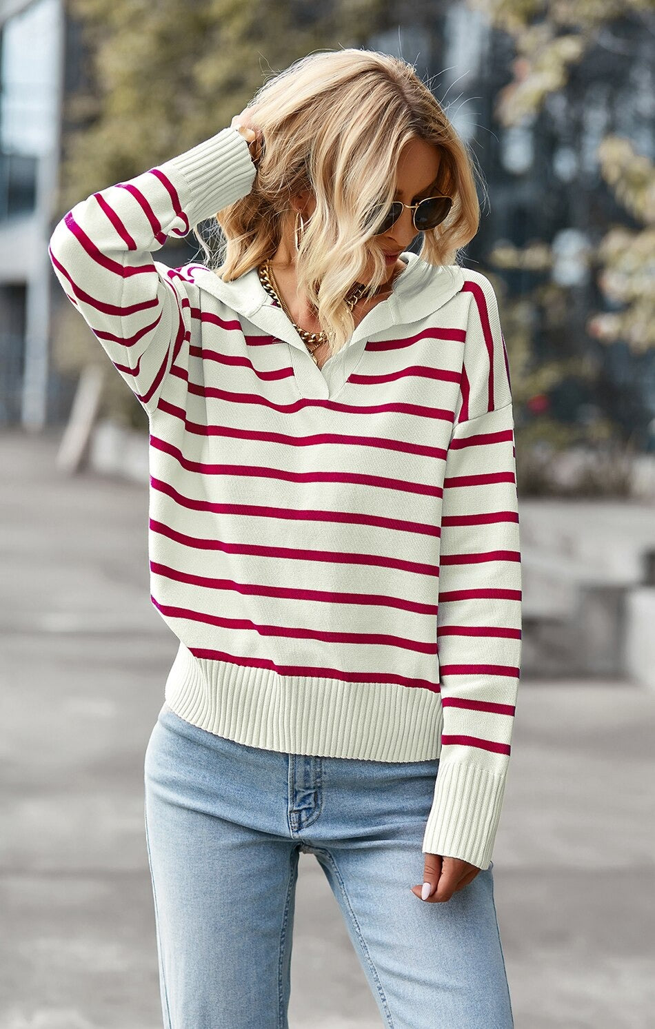 WOLF Gestreift Lässig Pullover V-Ausschnitt