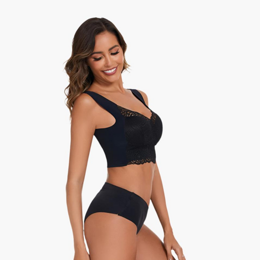 Komfit Stretch Bh | Schwarzer bequemer Spitzen-Push-up-BH mit breiten Trägern