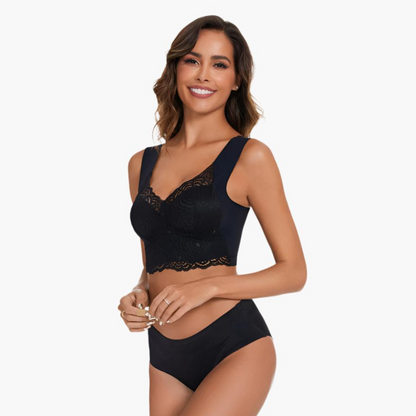 Komfit Stretch Bh | Schwarzer bequemer Spitzen-Push-up-BH mit breiten Trägern