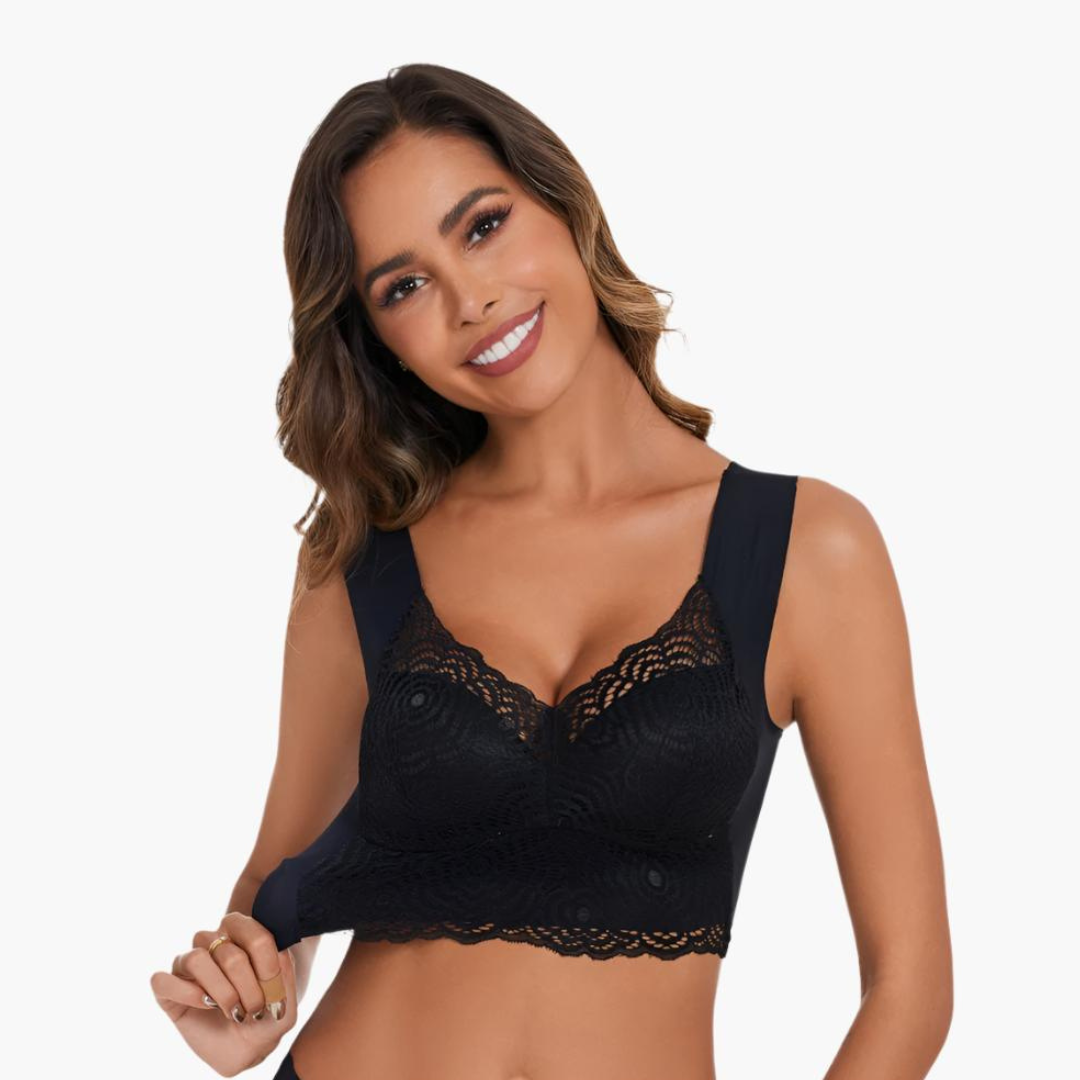 Komfit Stretch Bh | Schwarzer bequemer Spitzen-Push-up-BH mit breiten Trägern