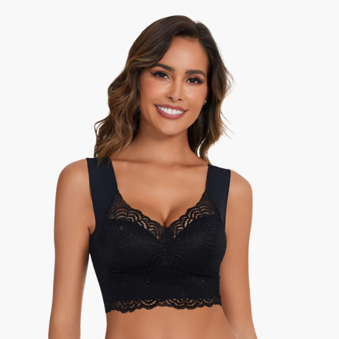 Komfit Stretch Bh | Schwarzer bequemer Spitzen-Push-up-BH mit breiten Trägern