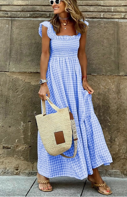 Singing Solo – Mehrfarbig kariertes Maxikleid mit gesmokter Brust_blau