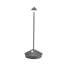 Lade das Bild in den Galerie-Viewer, Graue LED-Tischlampe, modern, minimalistisch, Metall, dimmbar, für Büro oder Wohnzimmer.
