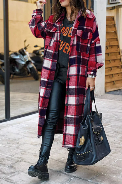 WOLF Mode Lässige karierte Tasche Knöpfe Hemdkragen Oberbekleidung