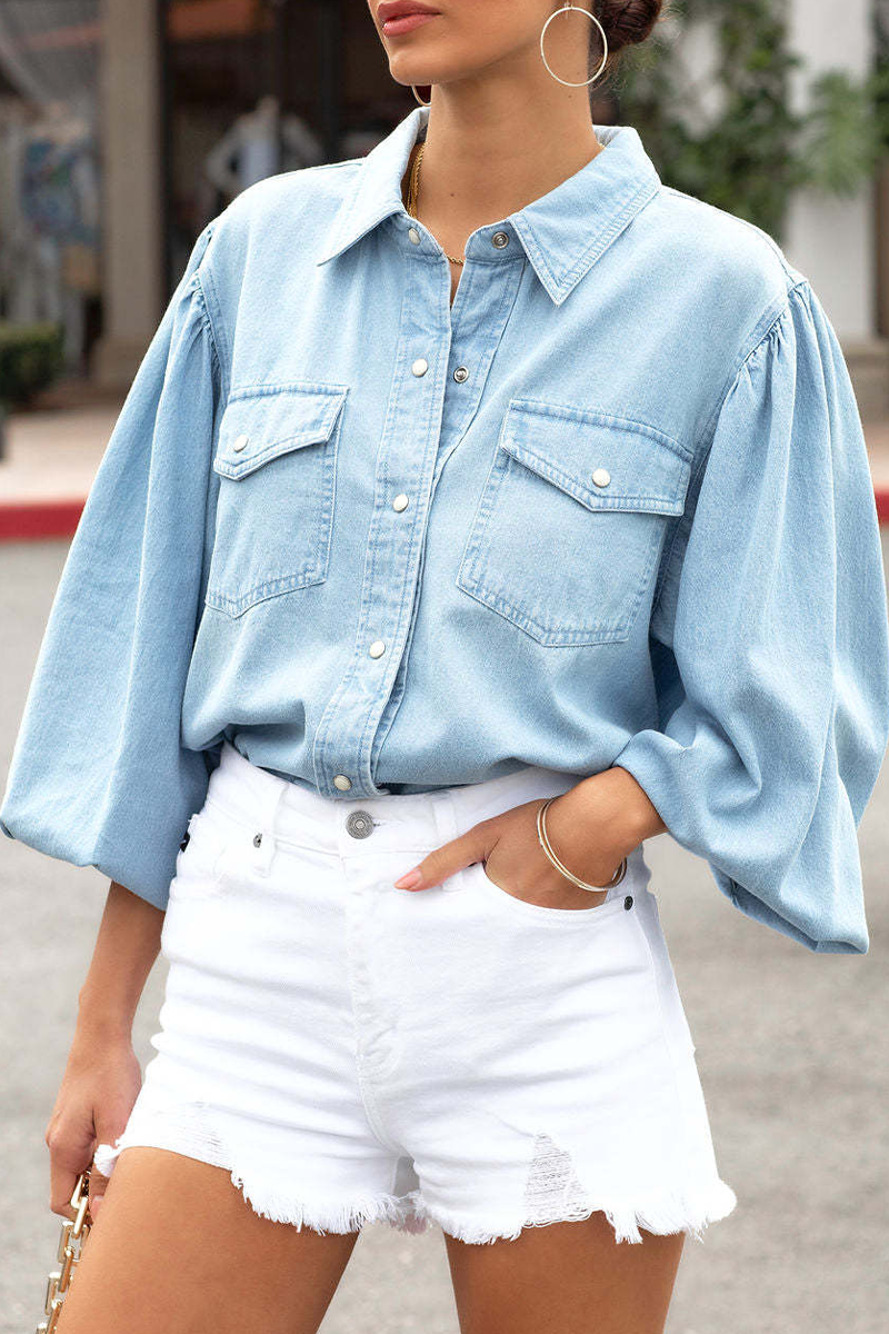 Flory™ | Polobluse aus Denim mit Puffärmeln