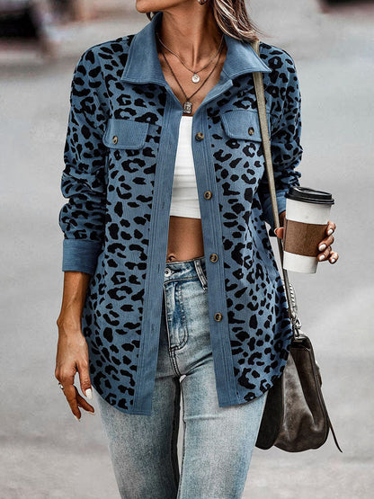 WOLF Fruhling Damen Leopardenmuster Cord Langarm Lose Jacke