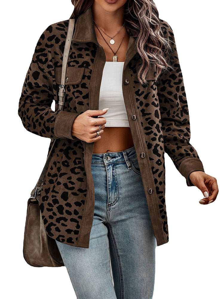 WOLF Fruhling Damen Leopardenmuster Cord Langarm Lose Jacke