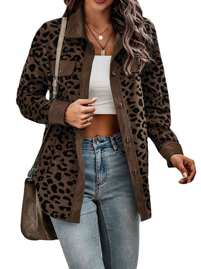 WOLF Fruhling Damen Leopardenmuster Cord Langarm Lose Jacke