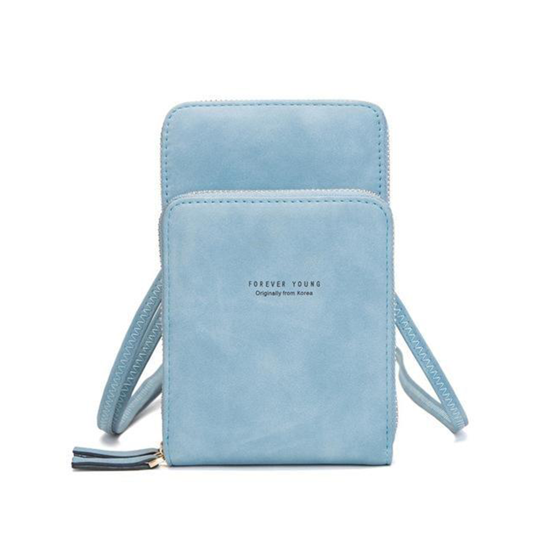 Designer Handy-Handtasche aus Leder mit dreifachem Verschluss und Kartenfächer I Handy Umhängetasche_hellblau 2