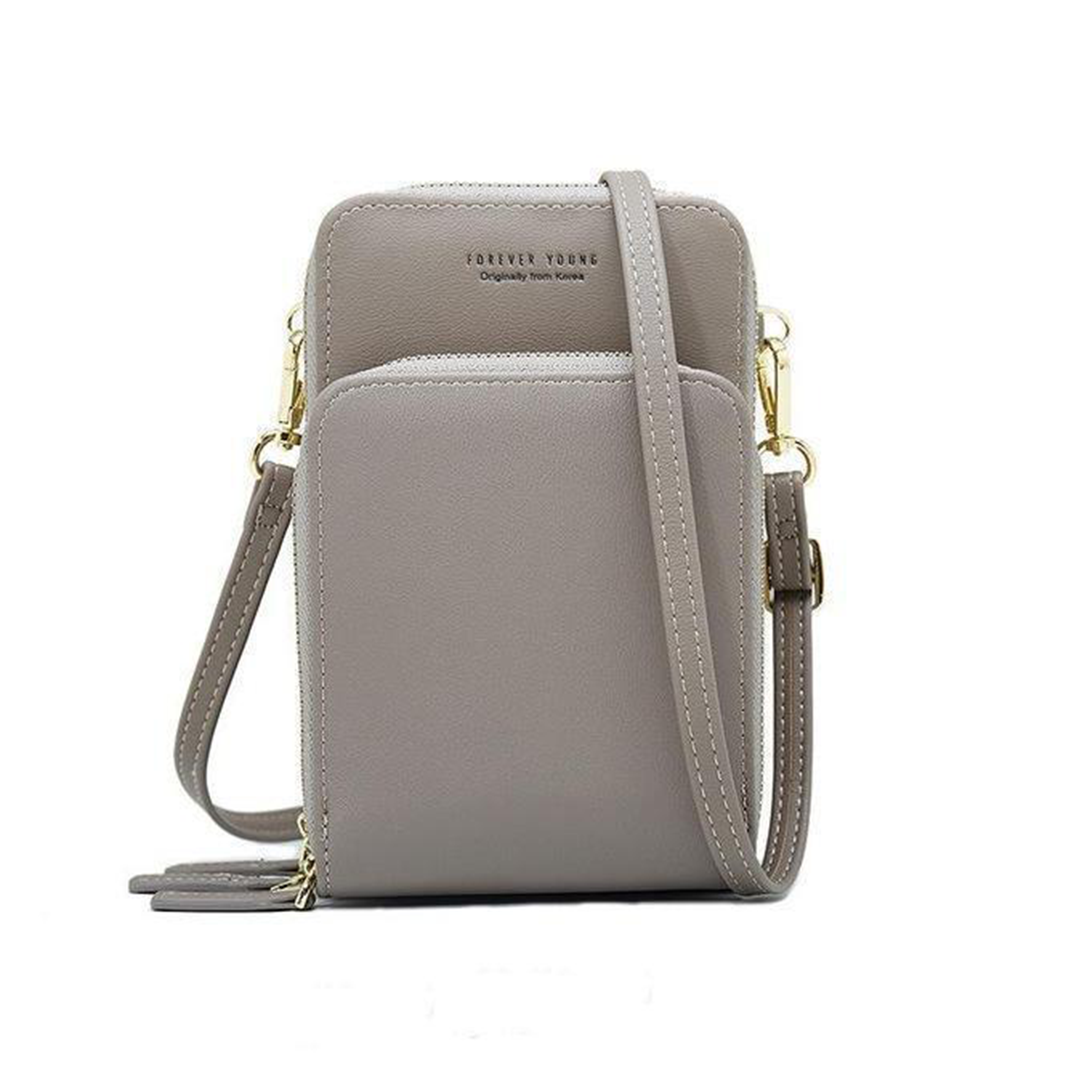 Designer Handy-Handtasche aus Leder mit dreifachem Verschluss und Kartenfächer I Handy Umhängetasche_grau 2