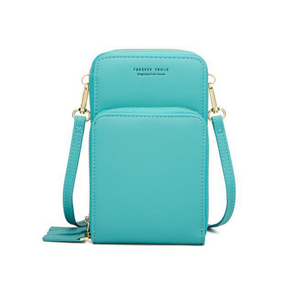 Designer Handy-Handtasche aus Leder mit dreifachem Verschluss und Kartenfächer I Handy Umhängetasche_türkis