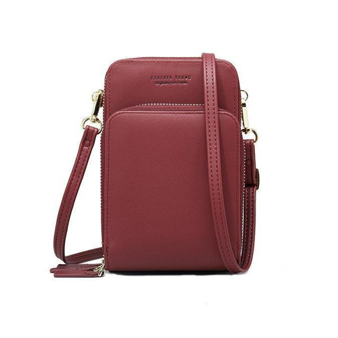 Designer Handy-Handtasche aus Leder mit dreifachem Verschluss und Kartenfächer I Handy Umhängetasche_dunkelrot 5