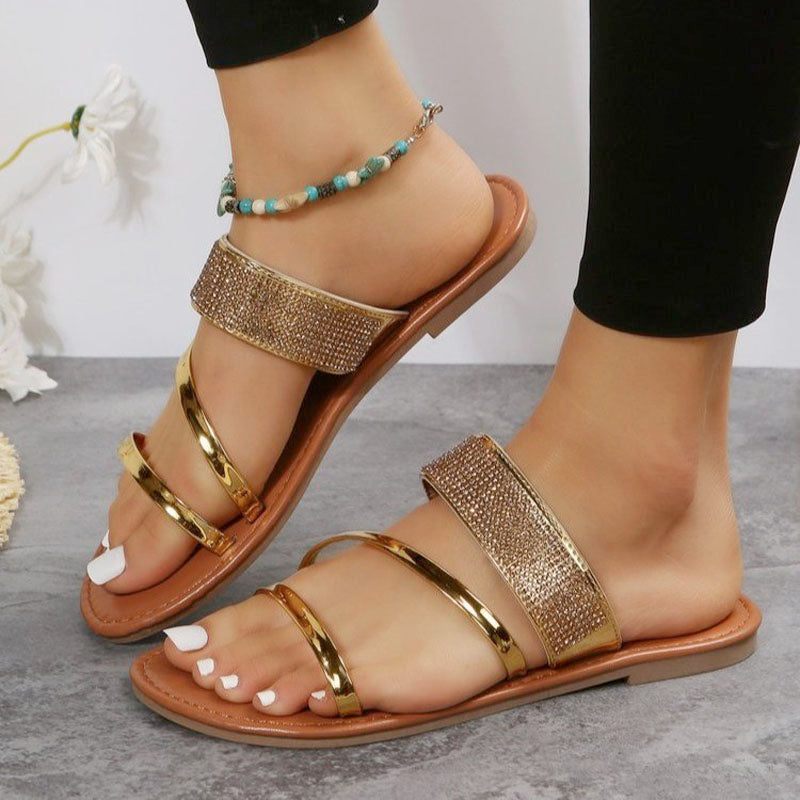 WOLF Damen Metallic Strass Dekor Slide Sandalen, Glamorous Party Flache Sandalen