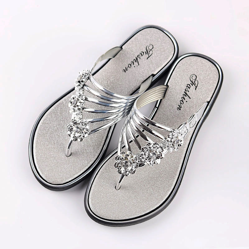 WOLF Damen Pantoffeln Flip-Flops Draußen Pantoffeln Strand Pantoffeln Outdoor Strand Sommer Strass Flacher Absatz Elegant Lässig Kunstleder Loafer Solide Farbe Silber Schwarz Gold