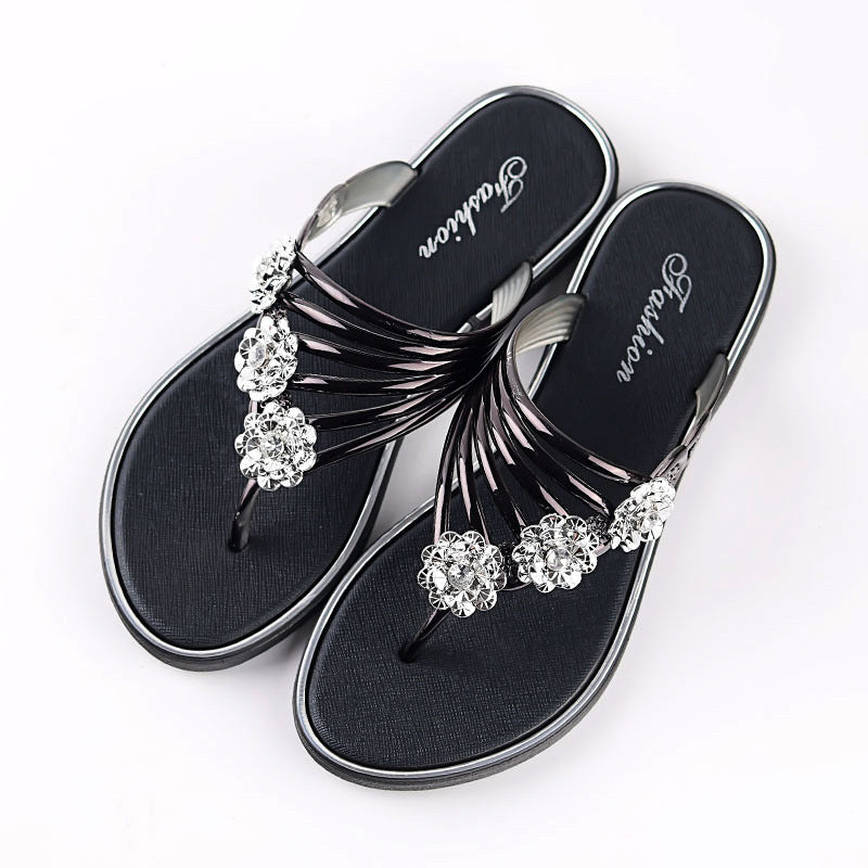 WOLF Damen Pantoffeln Flip-Flops Draußen Pantoffeln Strand Pantoffeln Outdoor Strand Sommer Strass Flacher Absatz Elegant Lässig Kunstleder Loafer Solide Farbe Silber Schwarz Gold