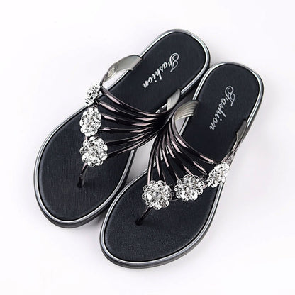 WOLF Damen Pantoffeln Flip-Flops Draußen Pantoffeln Strand Pantoffeln Outdoor Strand Sommer Strass Flacher Absatz Elegant Lässig Kunstleder Loafer Solide Farbe Silber Schwarz Gold