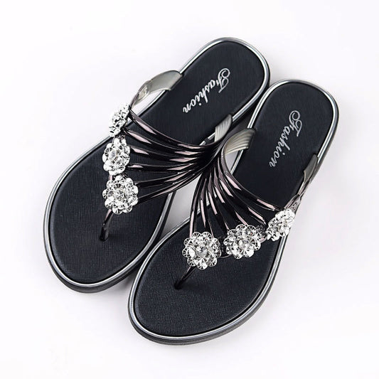 WOLF Damen Pantoffeln Flip-Flops Draußen Pantoffeln Strand Pantoffeln Outdoor Strand Sommer Strass Flacher Absatz Elegant Lässig Kunstleder Loafer Solide Farbe Silber Schwarz Gold