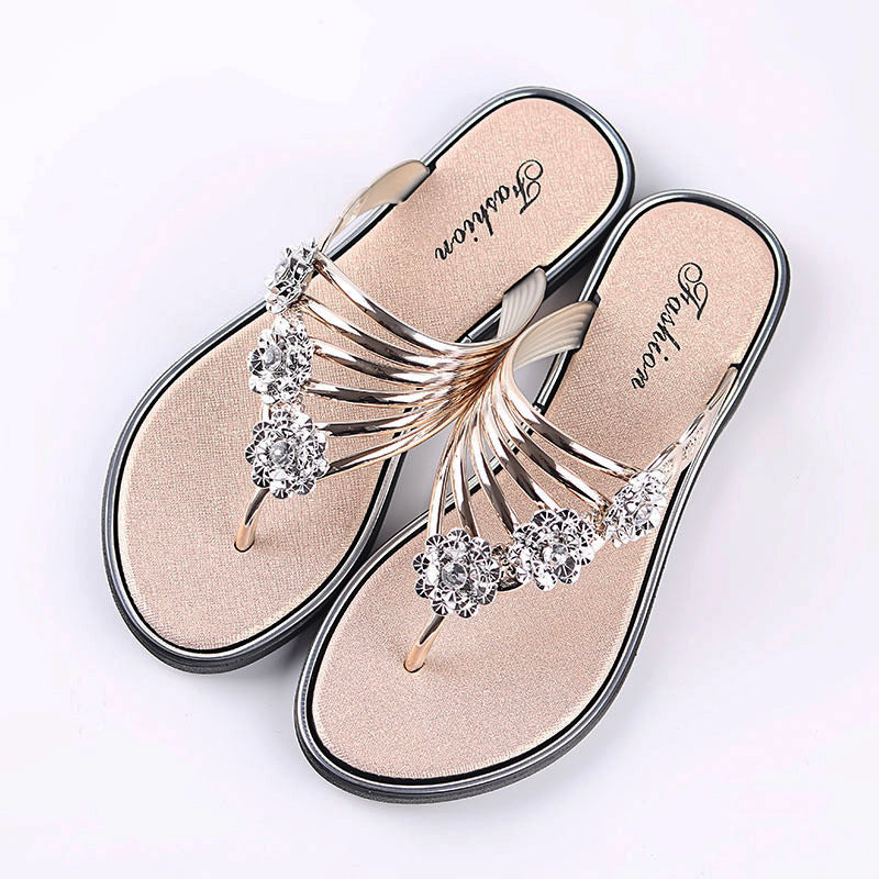 WOLF Damen Pantoffeln Flip-Flops Draußen Pantoffeln Strand Pantoffeln Outdoor Strand Sommer Strass Flacher Absatz Elegant Lässig Kunstleder Loafer Solide Farbe Silber Schwarz Gold