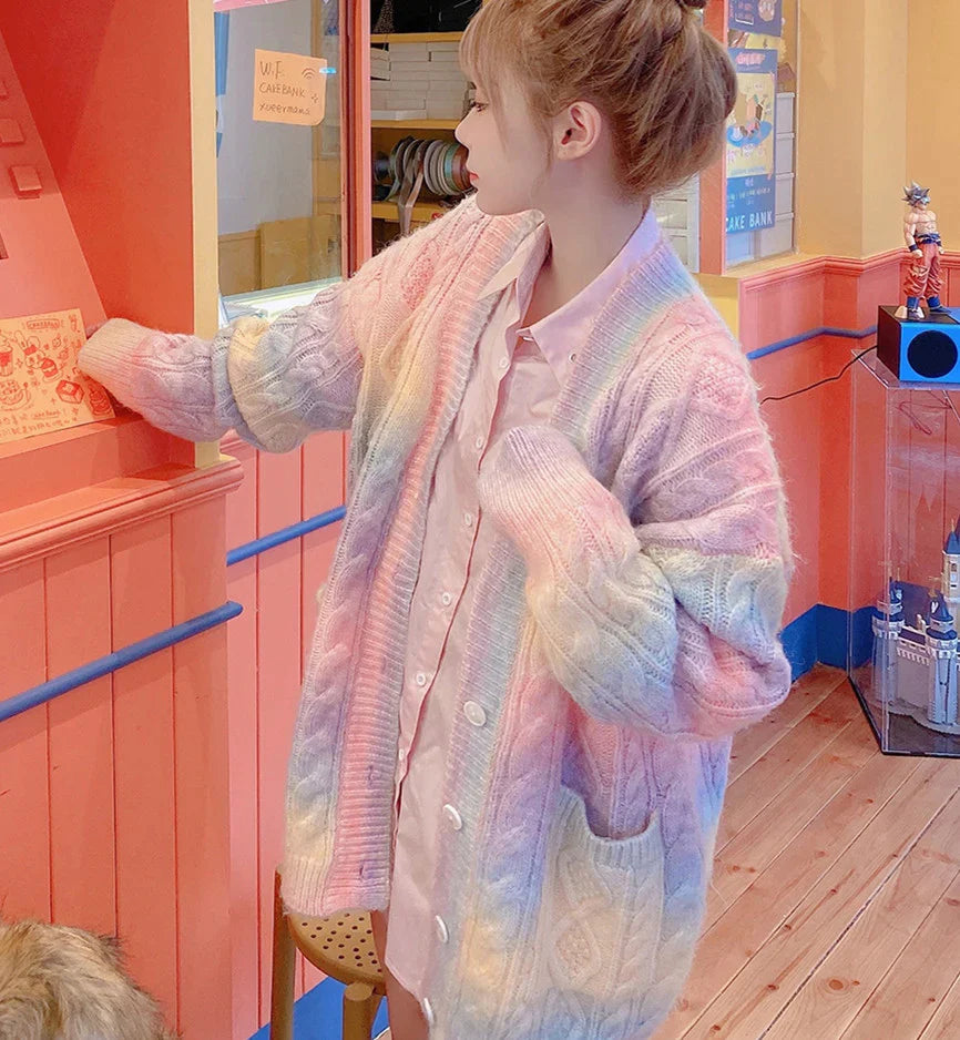 WOLF Mode Regenbogen Pullover Strickmantel