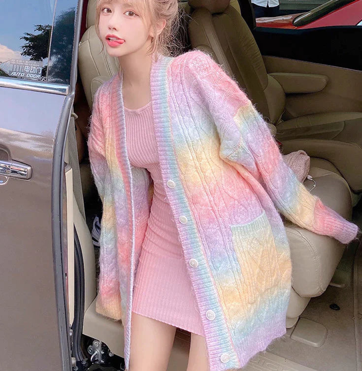 WOLF Mode Regenbogen Pullover Strickmantel