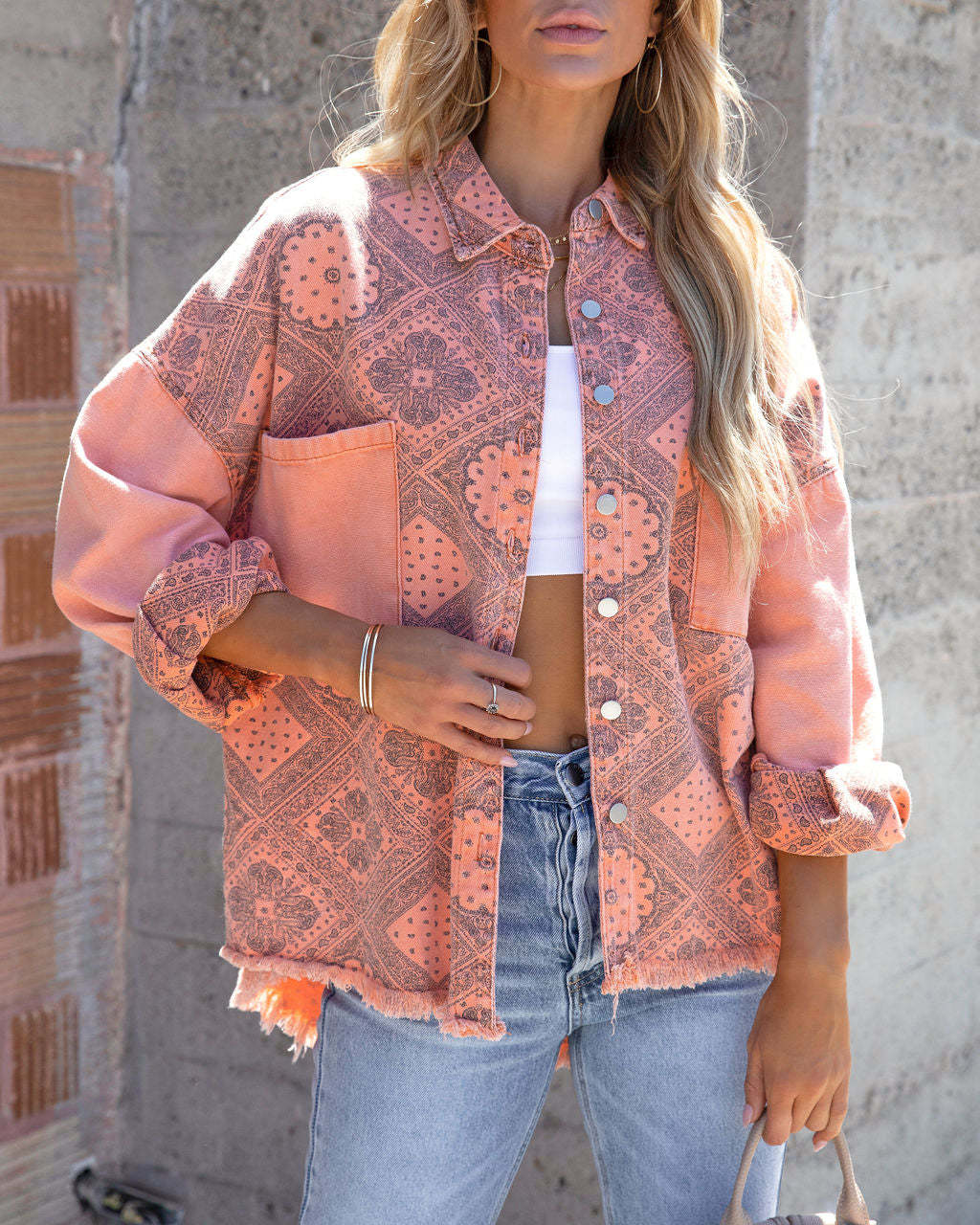 WOLF Bedruckte Damen Jeansjacke Mit Langen Armeln Taschenrevers Patchwork Lockerer Roher Kante