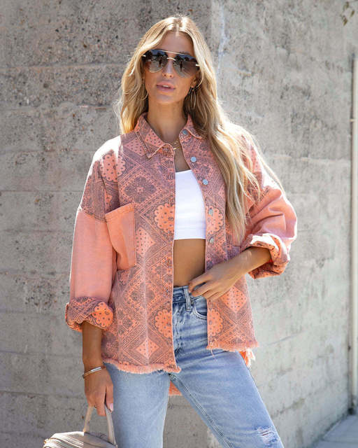 WOLF Bedruckte Damen Jeansjacke Mit Langen Armeln Taschenrevers Patchwork Lockerer Roher Kante