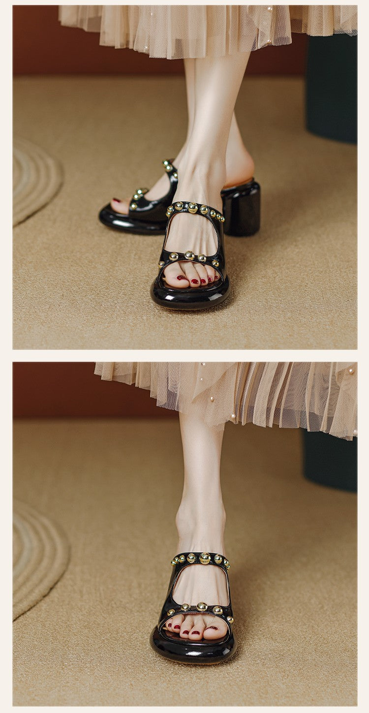 WOLF Kunstleder Schicke Nieten Spleißen Piepens Zeh Klotzige Rutsche Sandalen