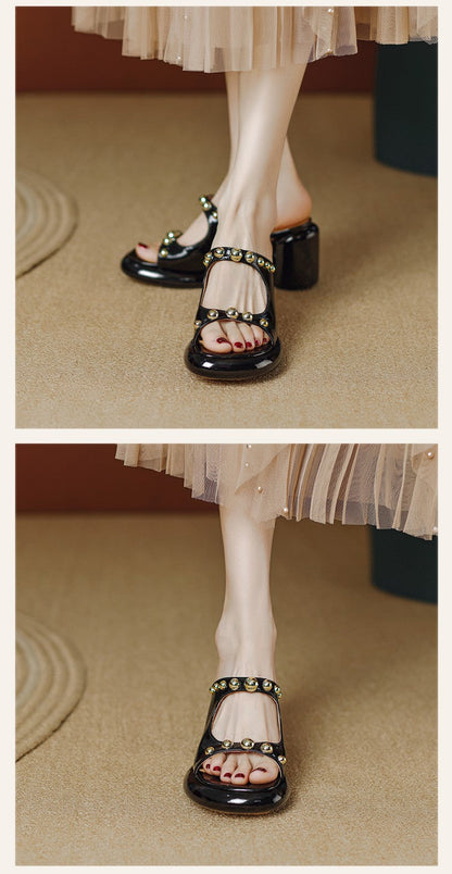 WOLF Kunstleder Schicke Nieten Spleißen Piepens Zeh Klotzige Rutsche Sandalen