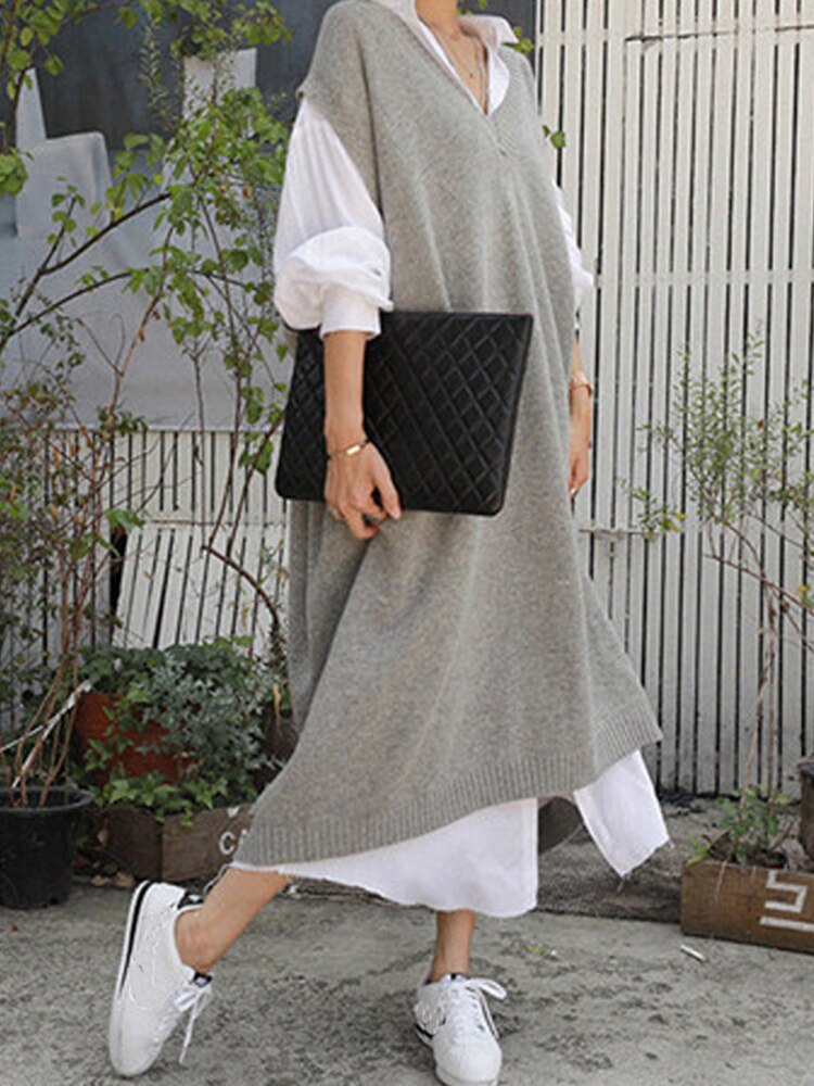 WOLF V-Ausschnitt Lose Pullover-Kleid