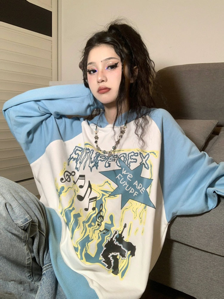 WOLF Stern Druck Grunge Japanisch Fairycore Niedlicher Pullover