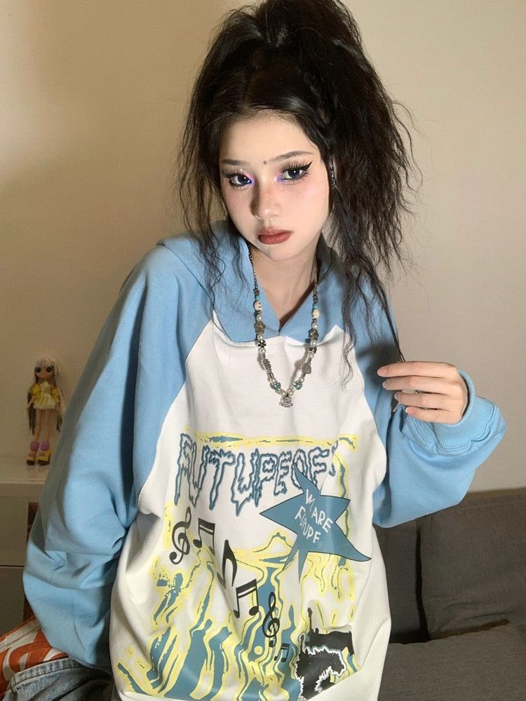 WOLF Stern Druck Grunge Japanisch Fairycore Niedlicher Pullover