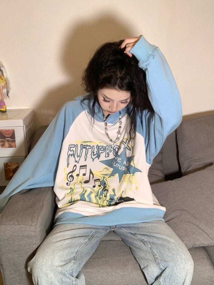 WOLF Stern Druck Grunge Japanisch Fairycore Niedlicher Pullover