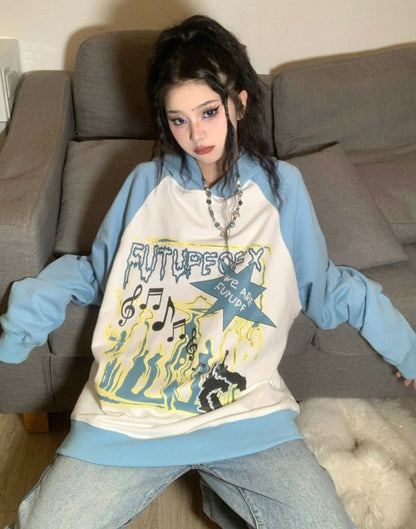 WOLF Stern Druck Grunge Japanisch Fairycore Niedlicher Pullover