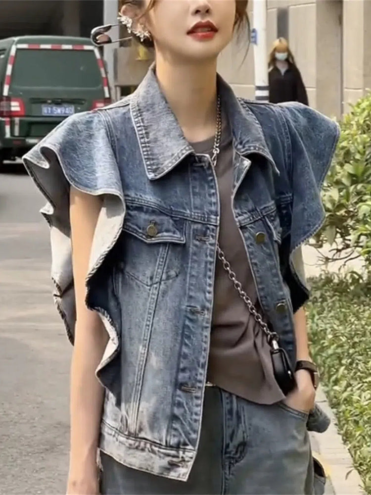 WOLF Damen Armellose Einreihige Blaue Jeansweste mit Ruschen Umlegekragen Kurze Jeansjacke