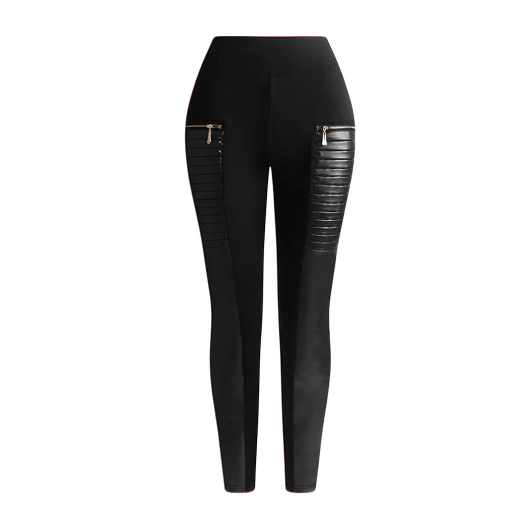 Loavies Leggings in Lederoptik | Damen Leggings mit Biker-Effekt