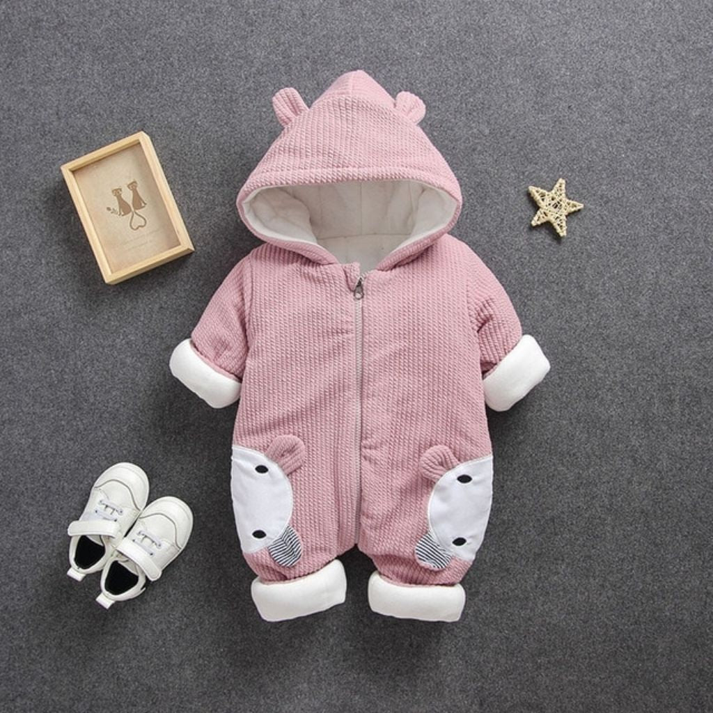 WinterKids - der warme und kuschelige Baby-Strampler - mit Kapuze, niedlich und flauschig_rosa bärchen