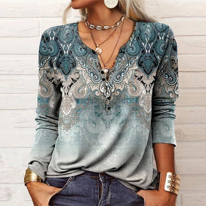 Bevada - Boho-Bluse mit V-Ausschnitt und langen Ärmeln