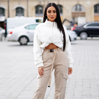 WOLF Lang Ärmel Reißverschluss Weiß Pullover