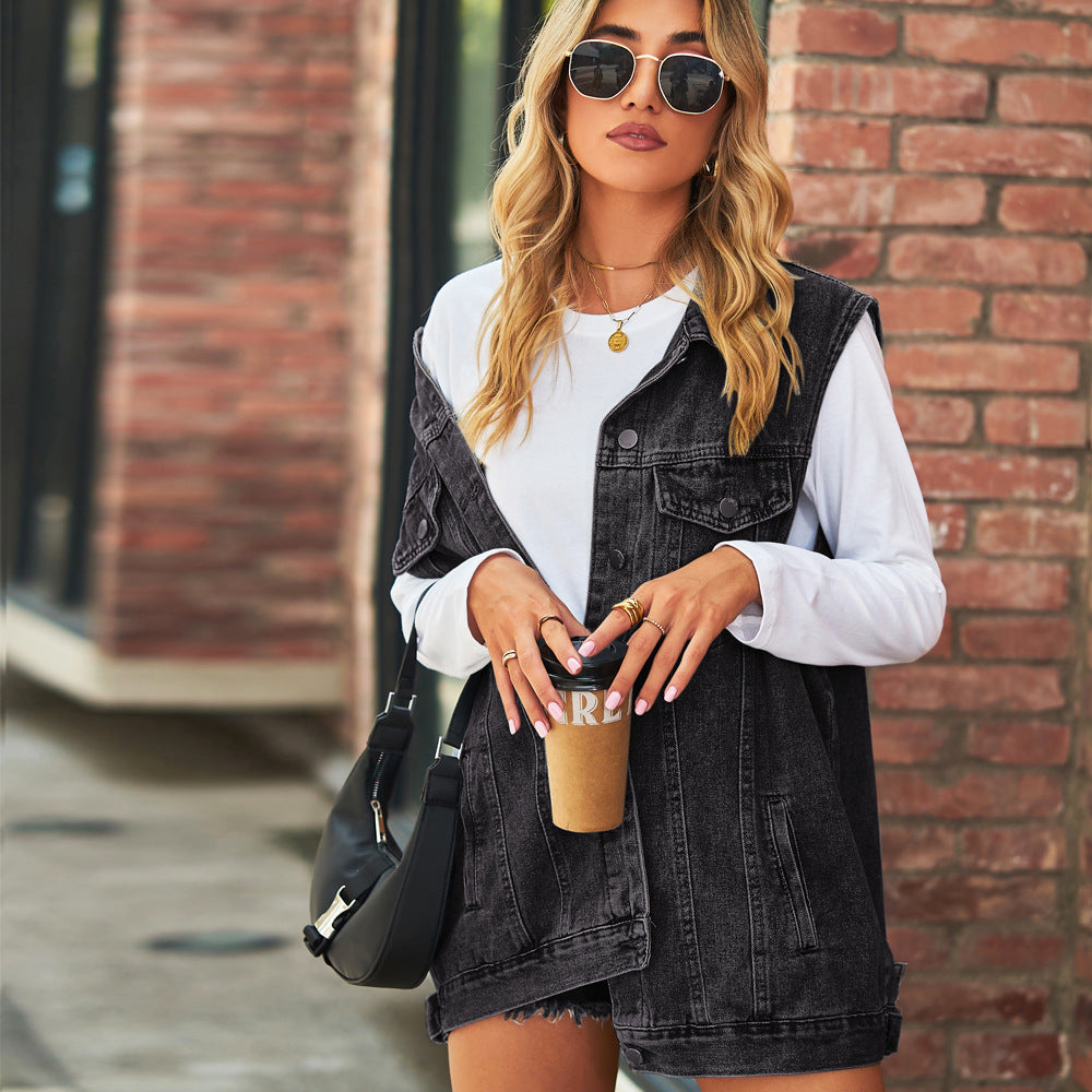 WOLF Lässige solide Patchwork Umlegekragen Kurzarm Regular Denim Jacke