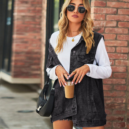 WOLF Lässige solide Patchwork Umlegekragen Kurzarm Regular Denim Jacke