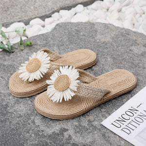 Urlaub Hausschuhe für Frauen, Leinen Blume Dekor Flip Flops